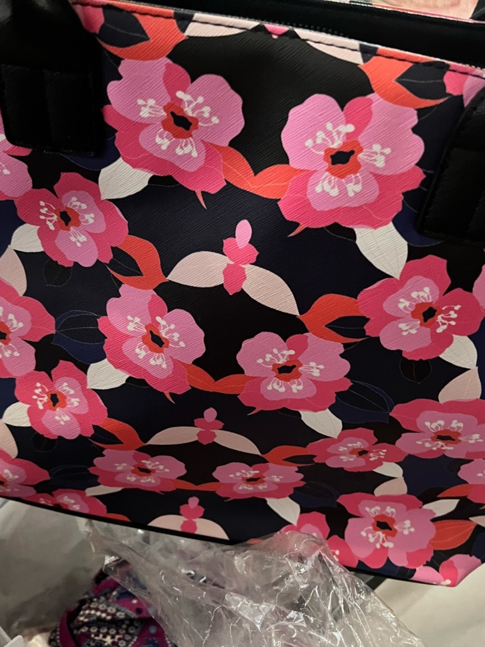 Trina Turk Pink Navy Floral Tote with Black Trim & Gold Accents